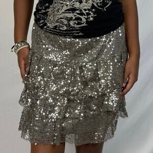 Vintage Y2K Express sparkly silver sequin ruffle mini skirt